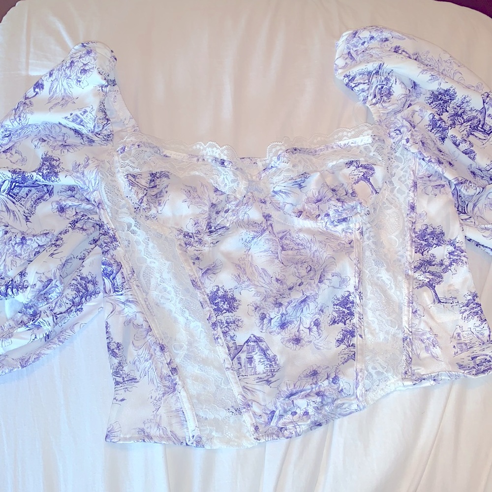 Shein purple and white floral puff sleeve shirt